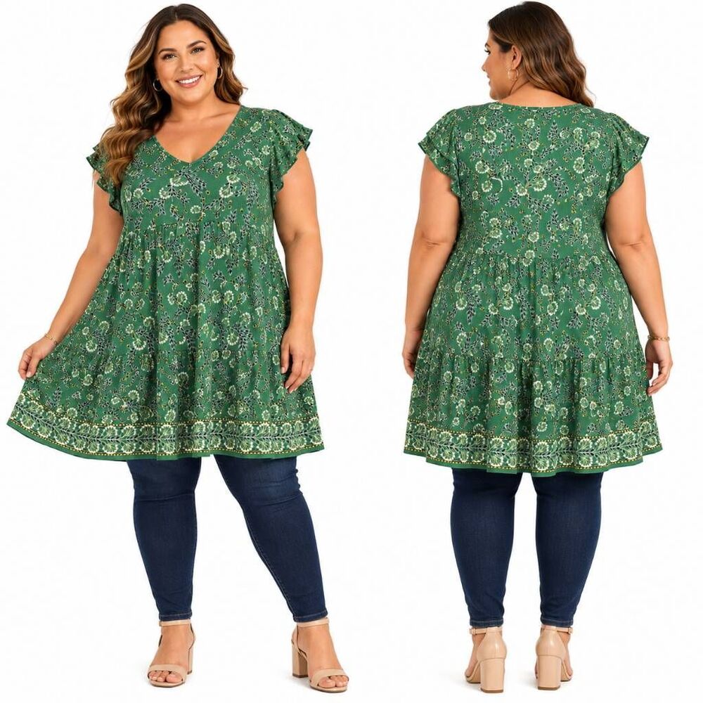 Max Studio 3X Green Floral Tiered Ruffle Sleeve Dress - Picture 2 of 8